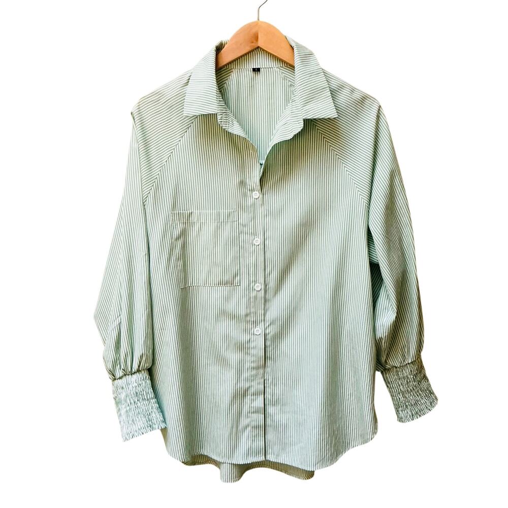 Striped Button-Down High-Low Shirt Smocked Cuffs Pockets SZ L Oversized No-Iron